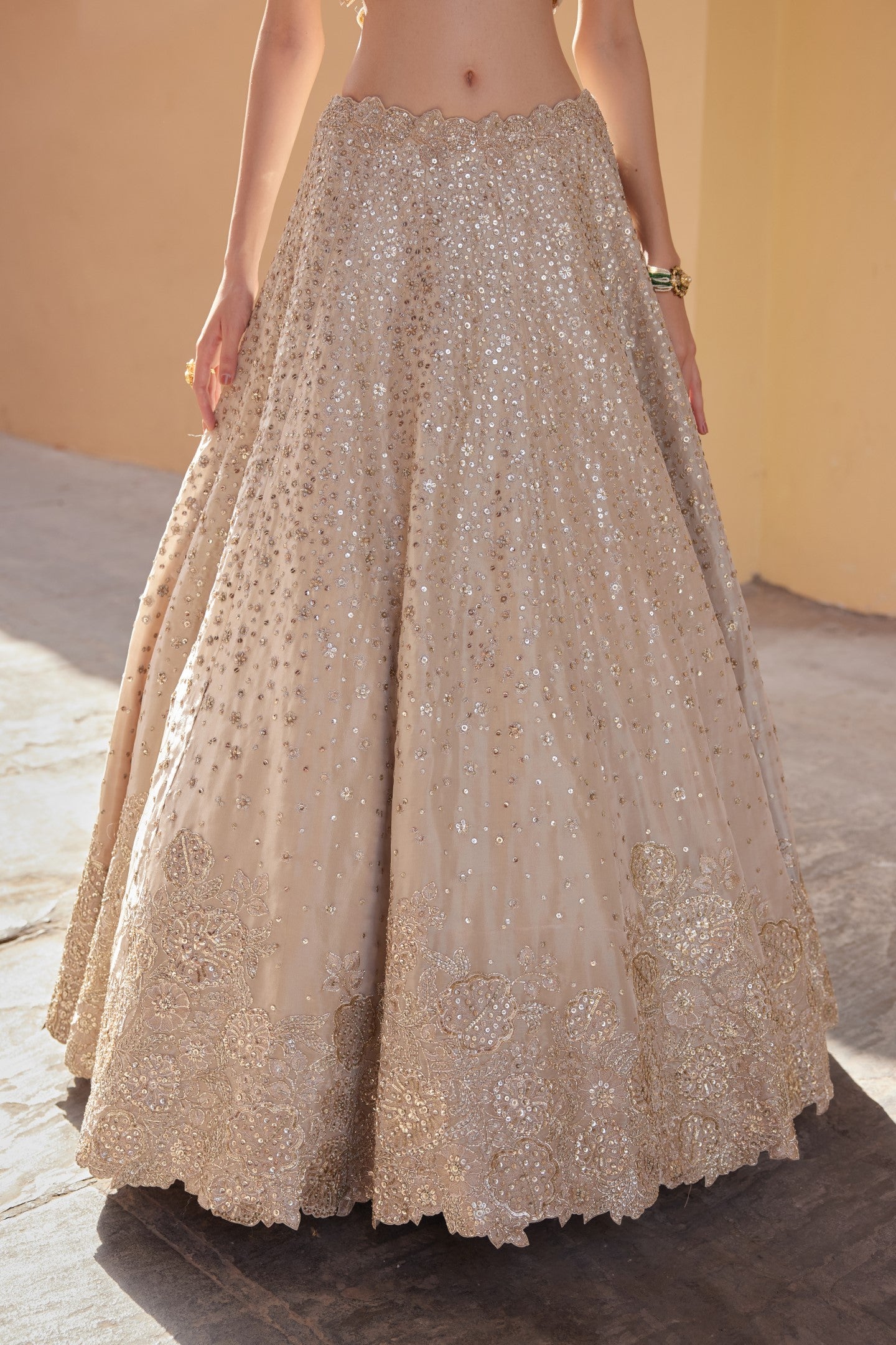 Beige Champagne Embroidered Lehenga