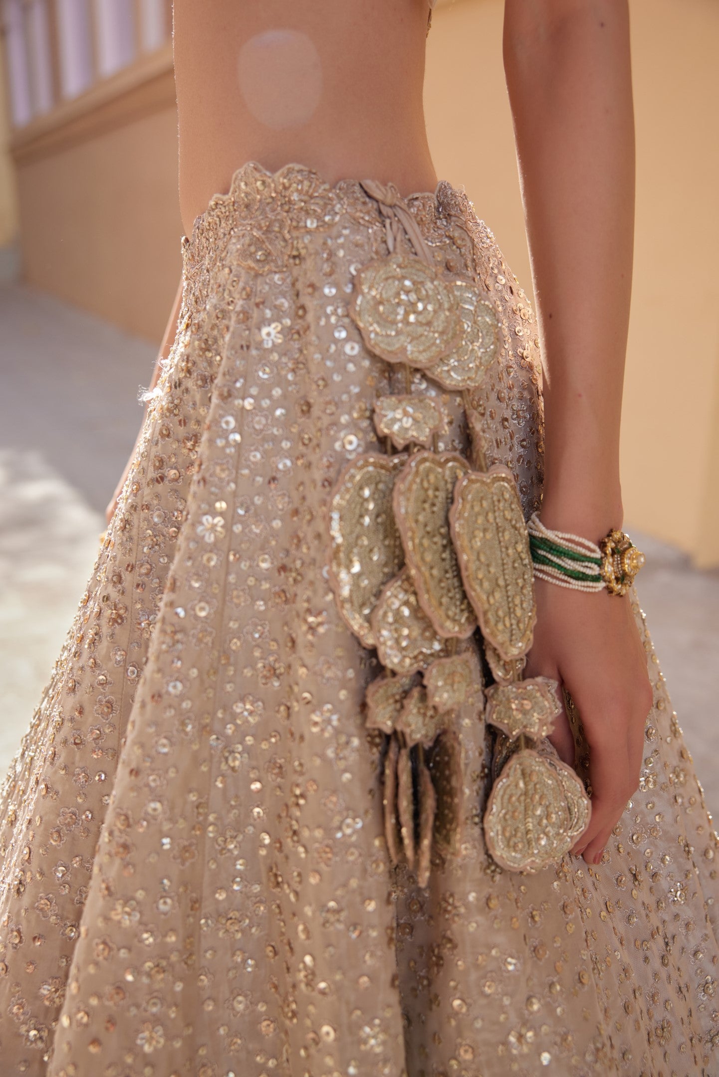 Beige Champagne Embroidered Lehenga