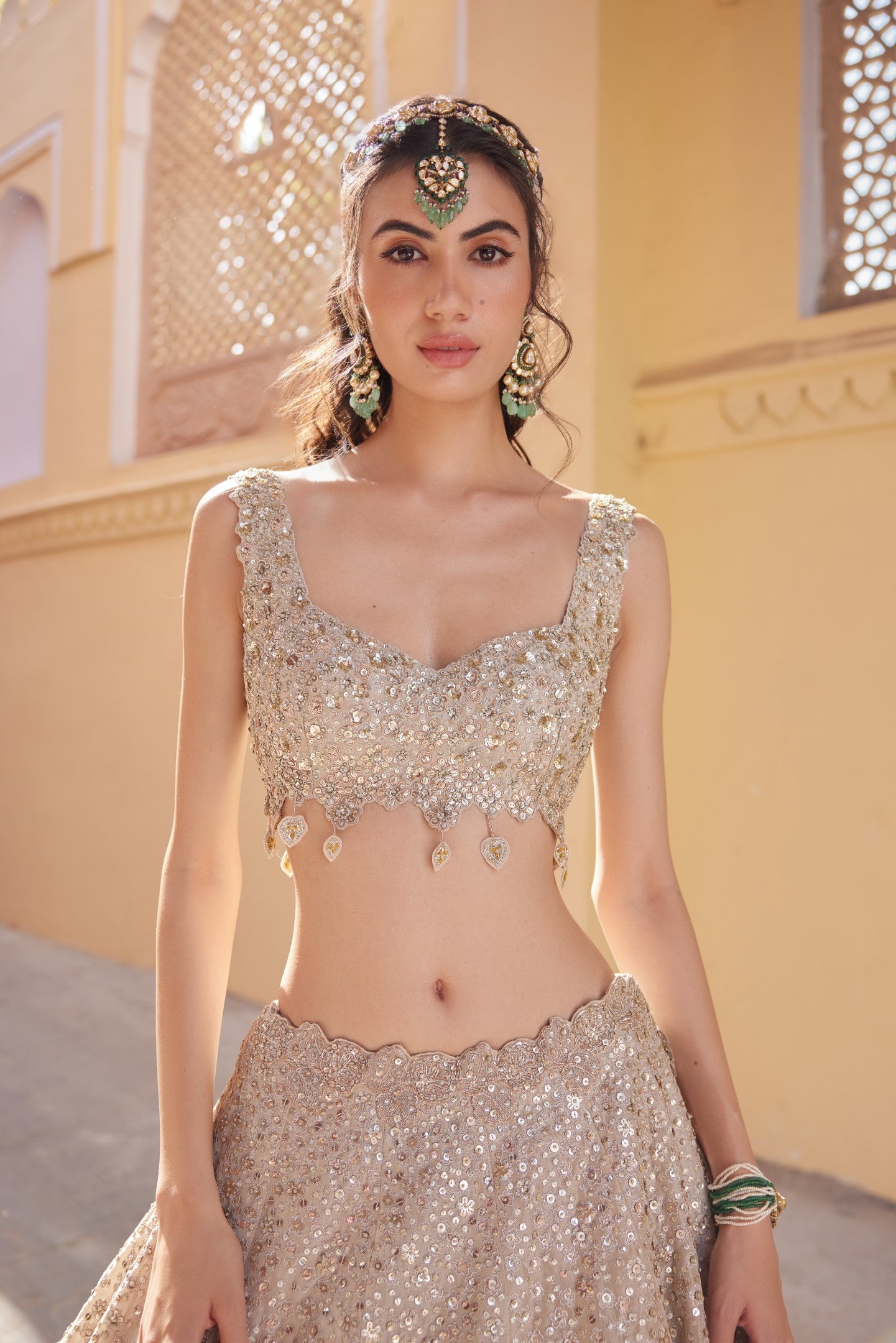 Beige Champagne Embroidered Lehenga