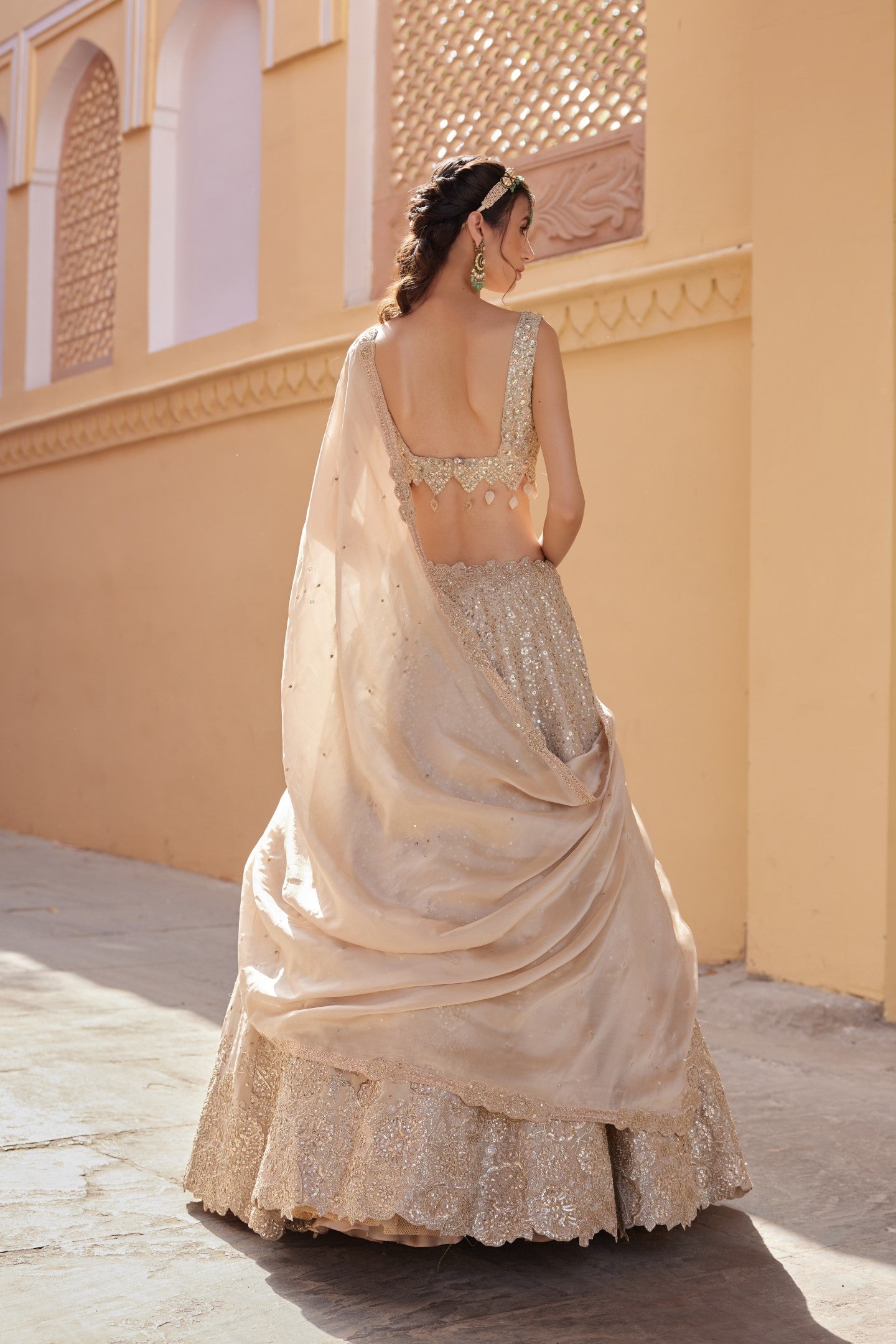 Beige Champagne Embroidered Lehenga