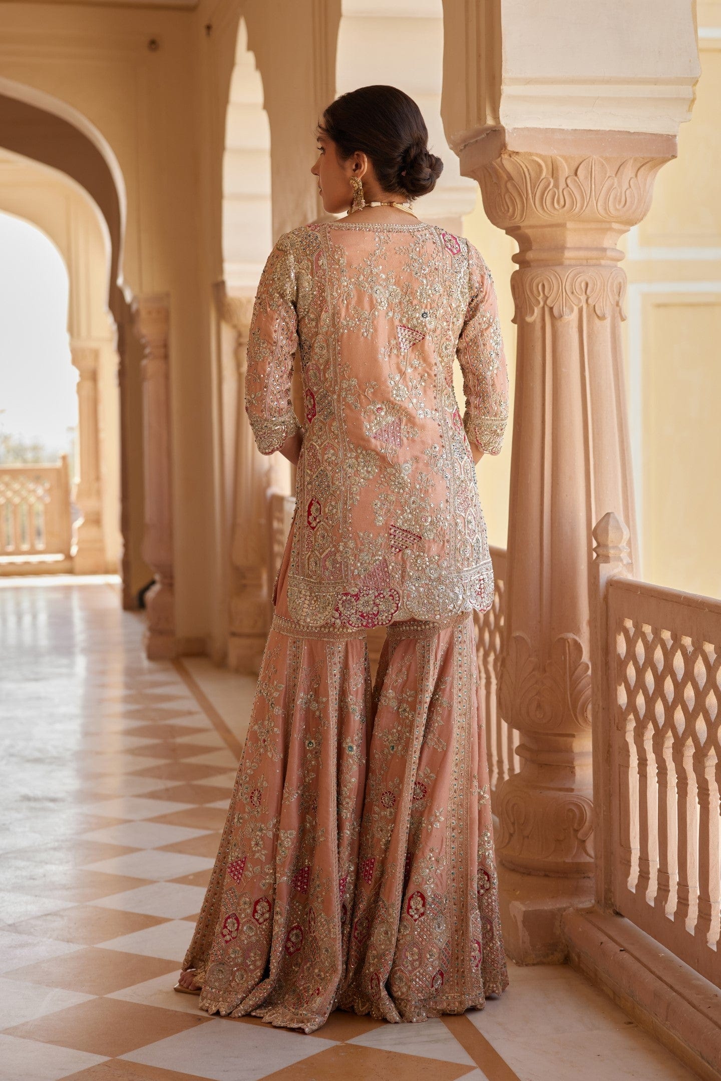 Salmon Peach Embroidered Sharara