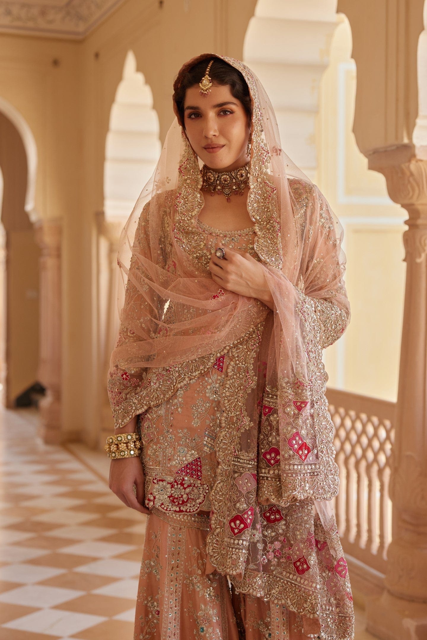 Salmon Peach Embroidered Sharara