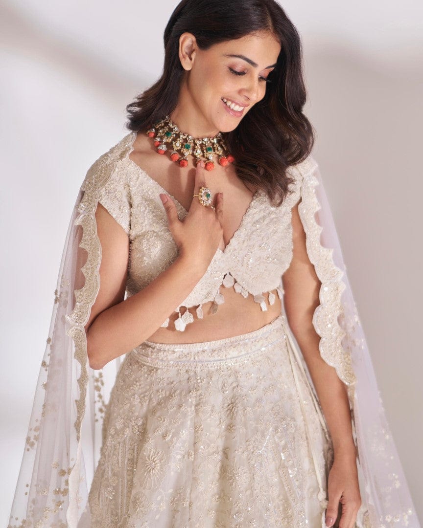 Pigeon White Embroidered Lehenga Set