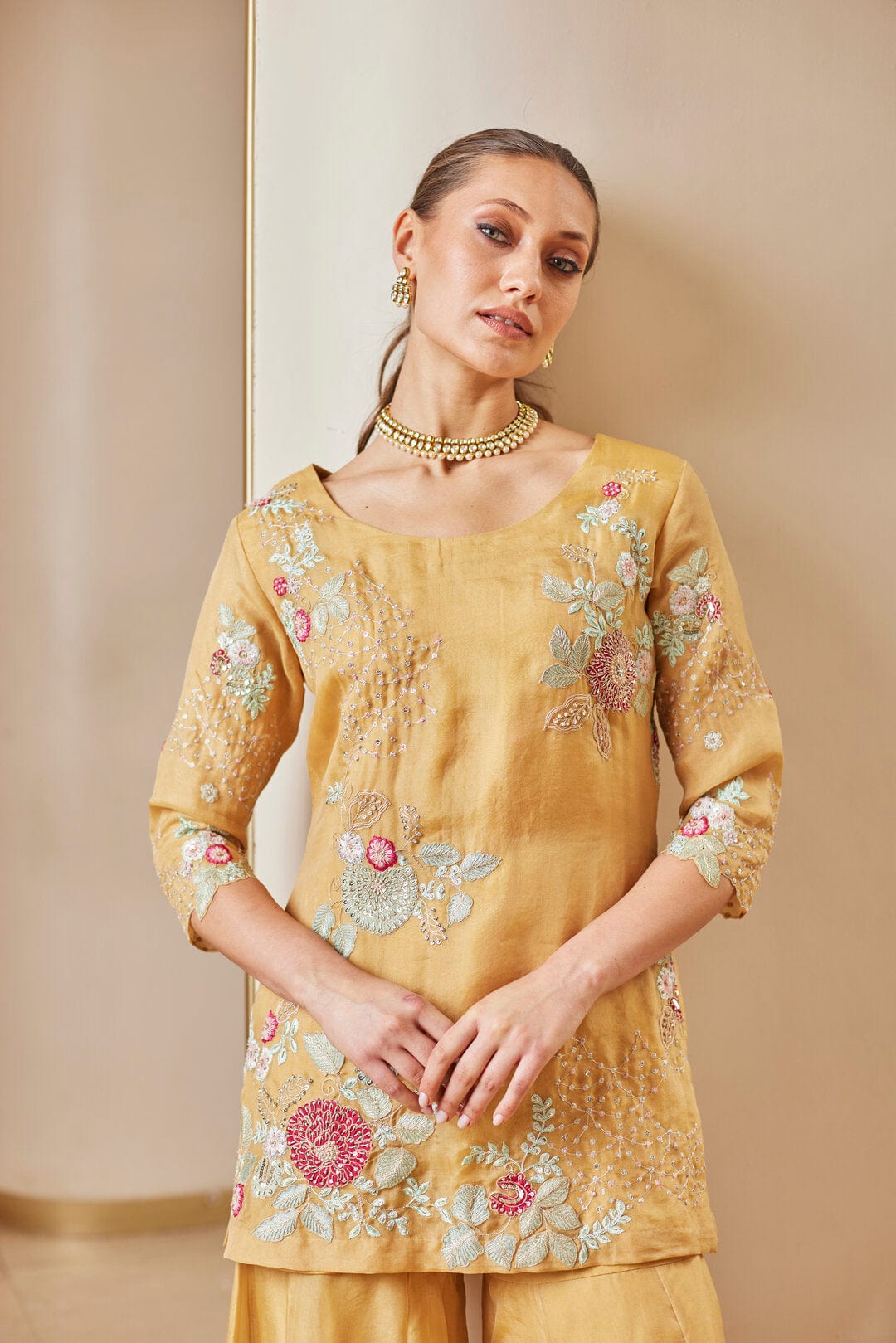 Mandarin Embroidered Sharara Suit