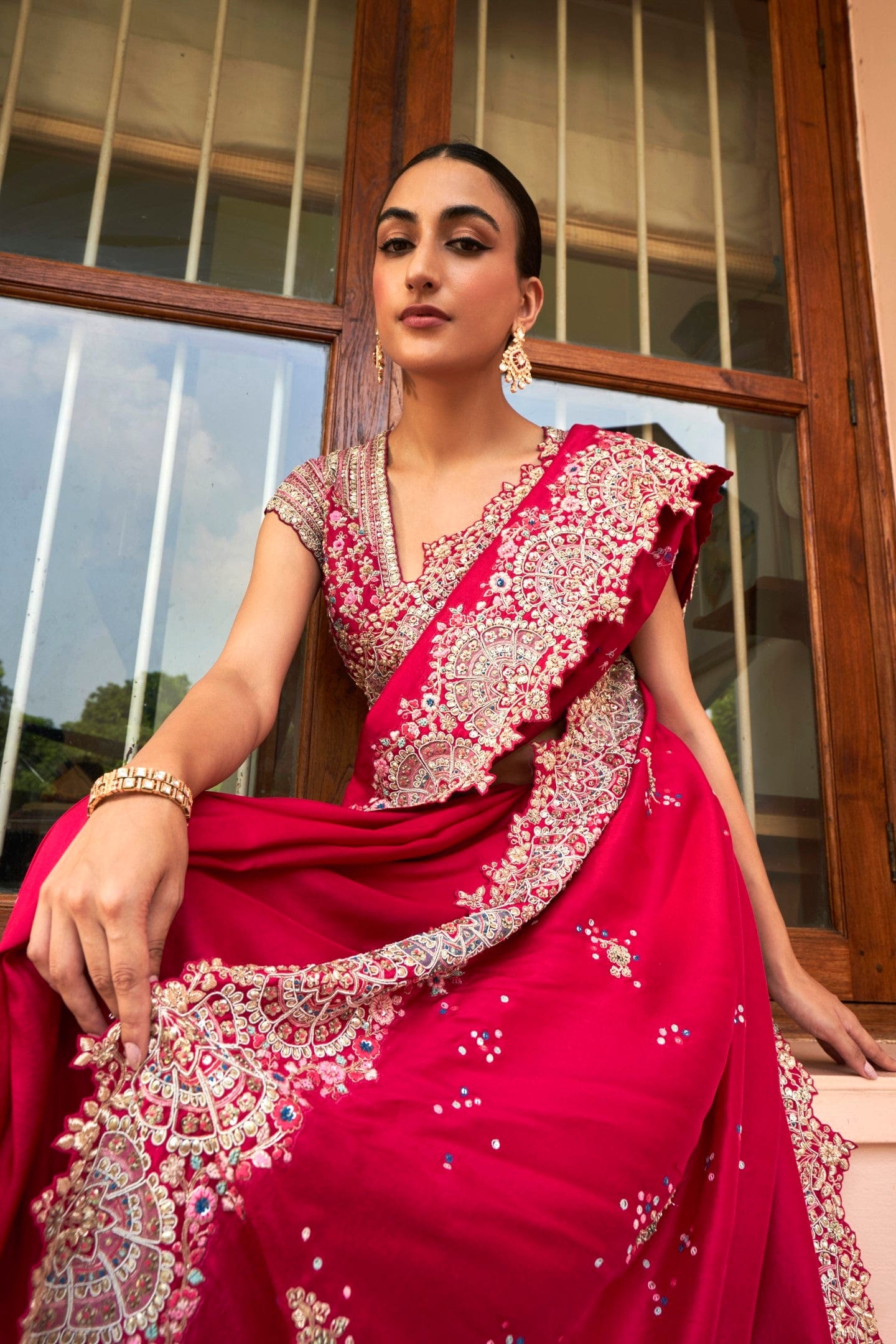 Cut-Ruby Embroidered Saree