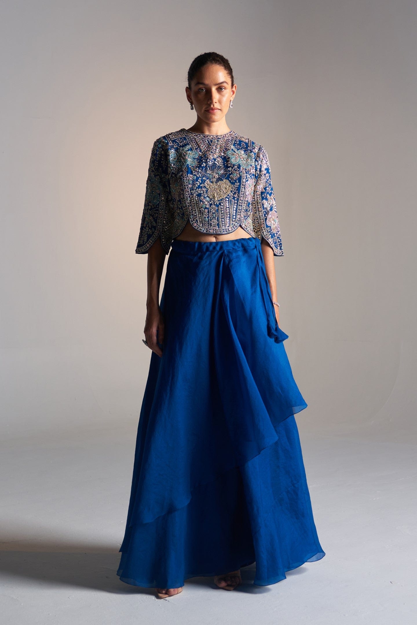 Jade Blue Embroidered Top and Flared Skirt