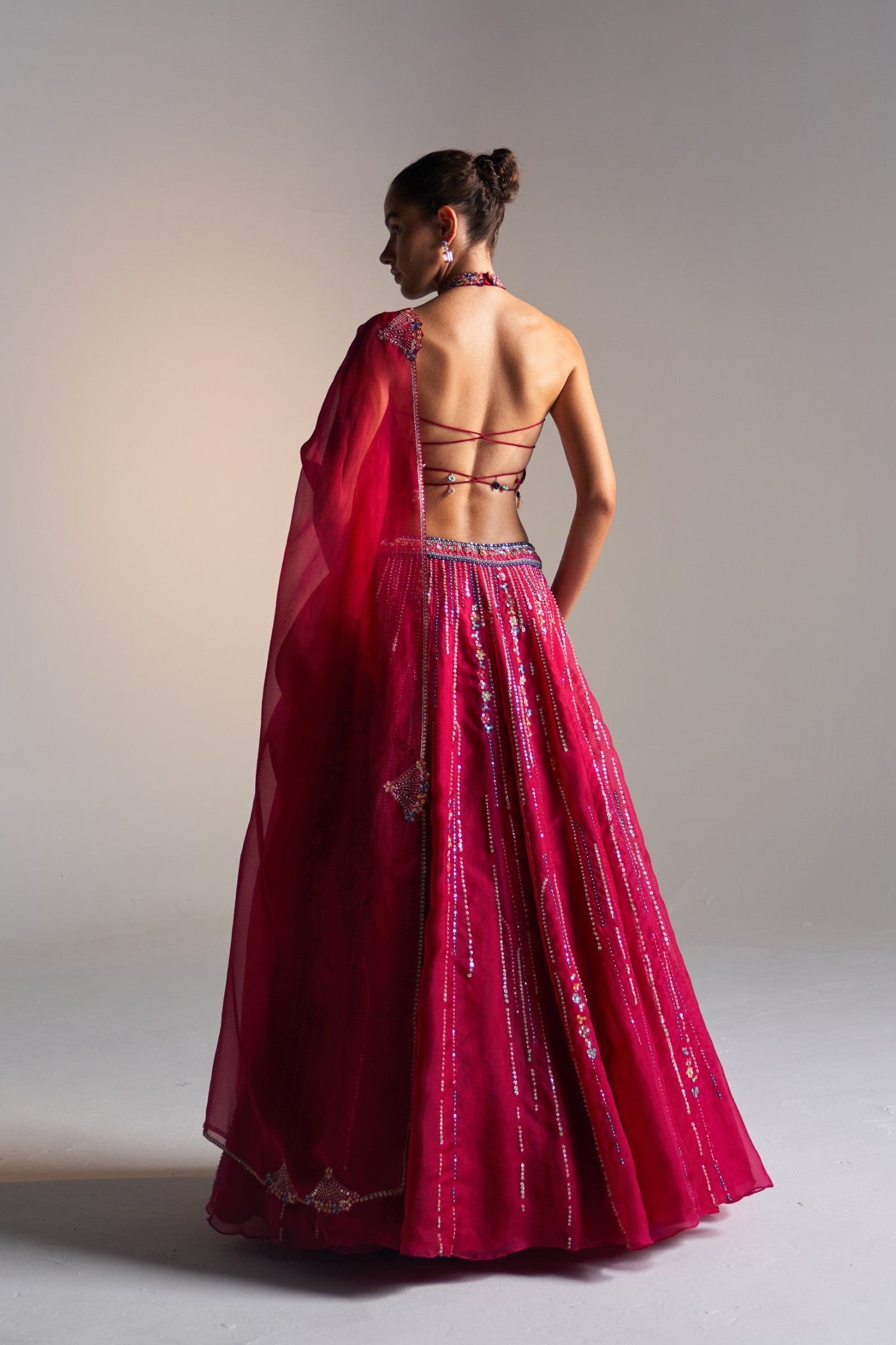 Cut Ruby Embroidered Halter Lehenga Set