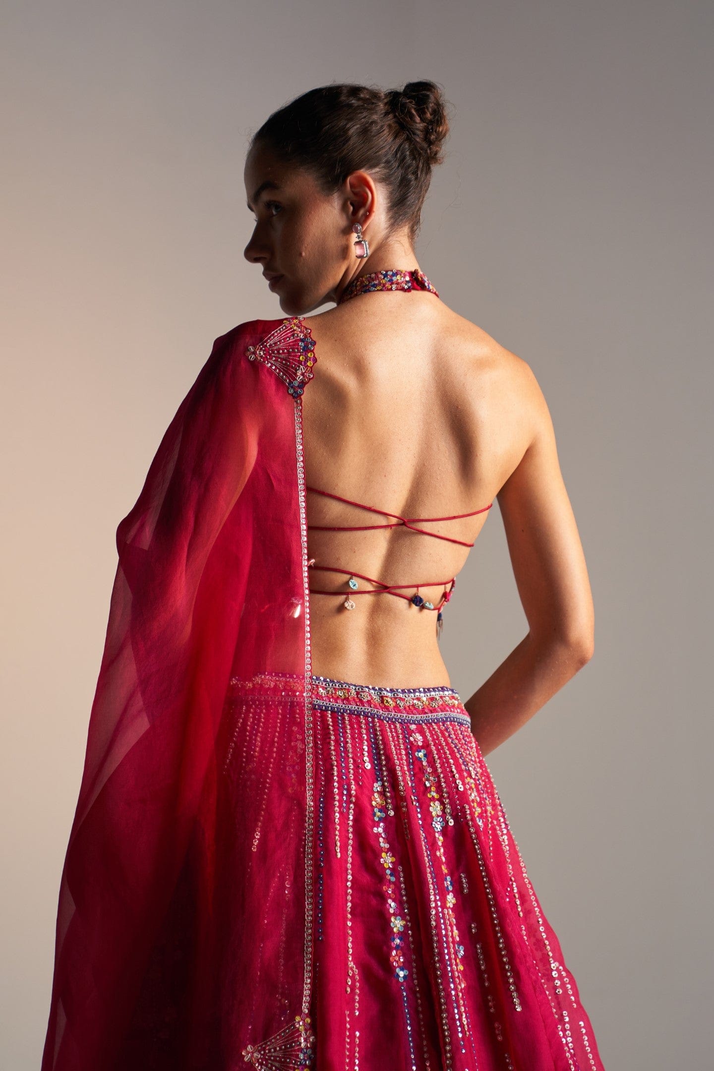 Cut Ruby Embroidered Halter Lehenga Set