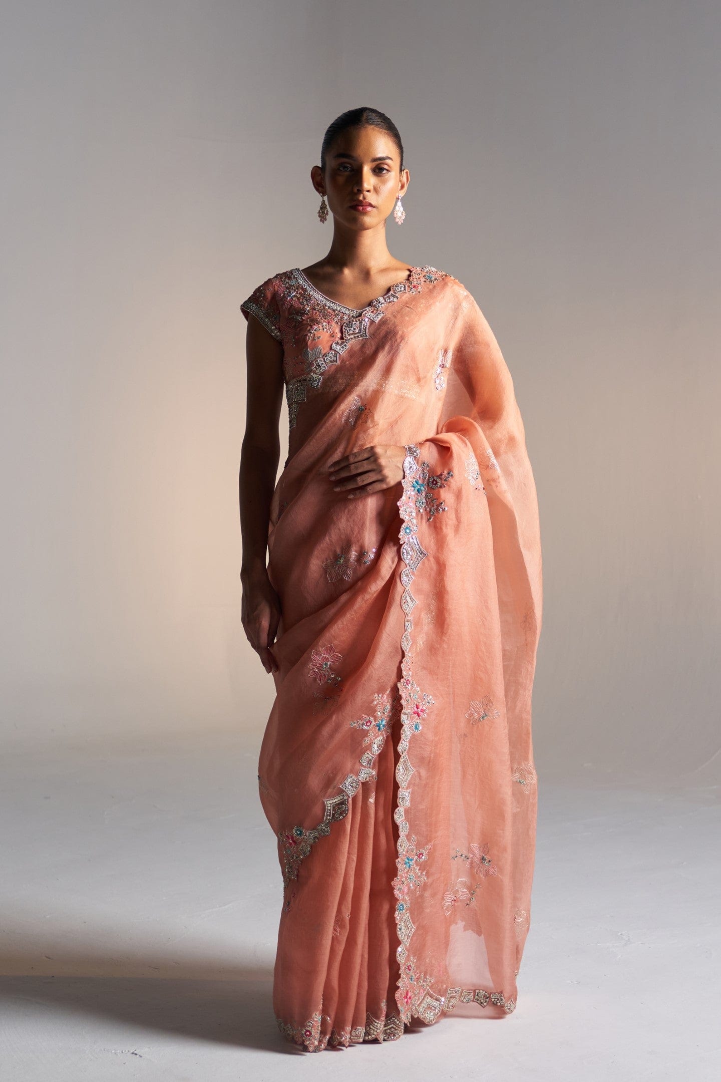 Coral Organza Saree Set