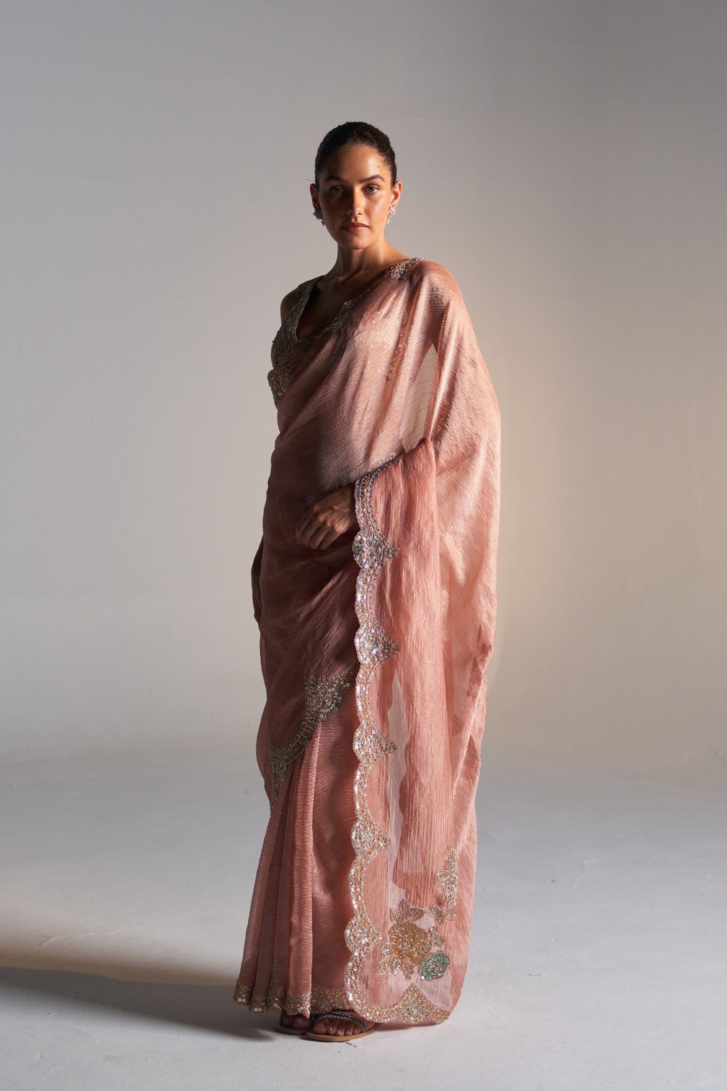 SALMON PEACH TISSUE SAREE