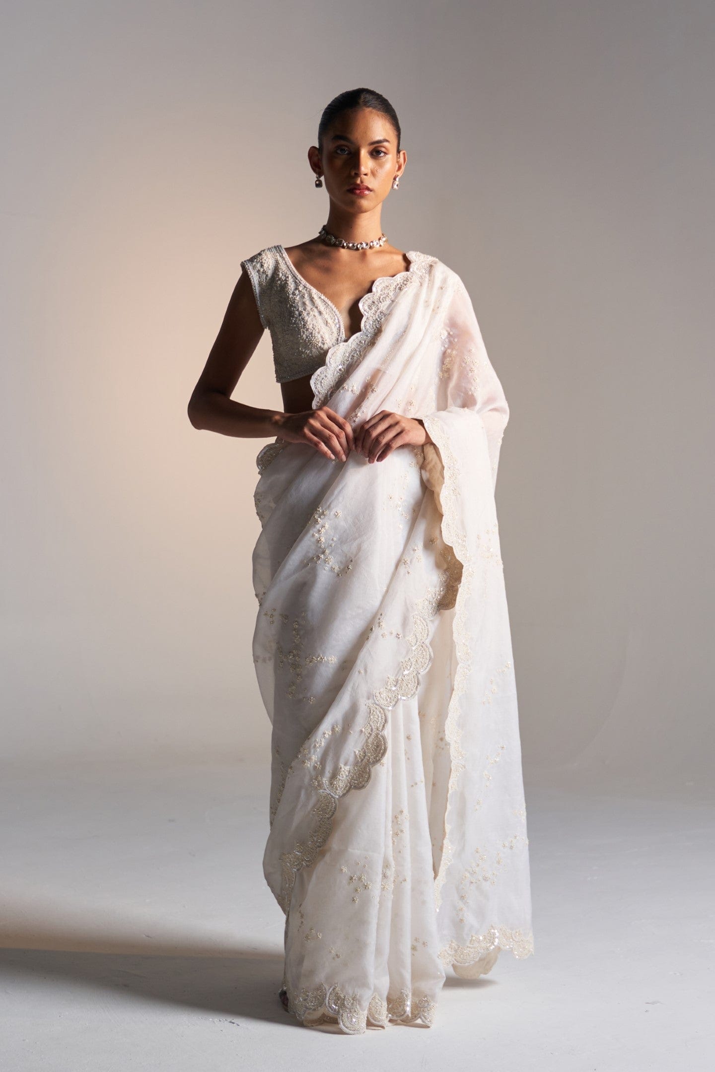 Pigeon white  handcrafted saree