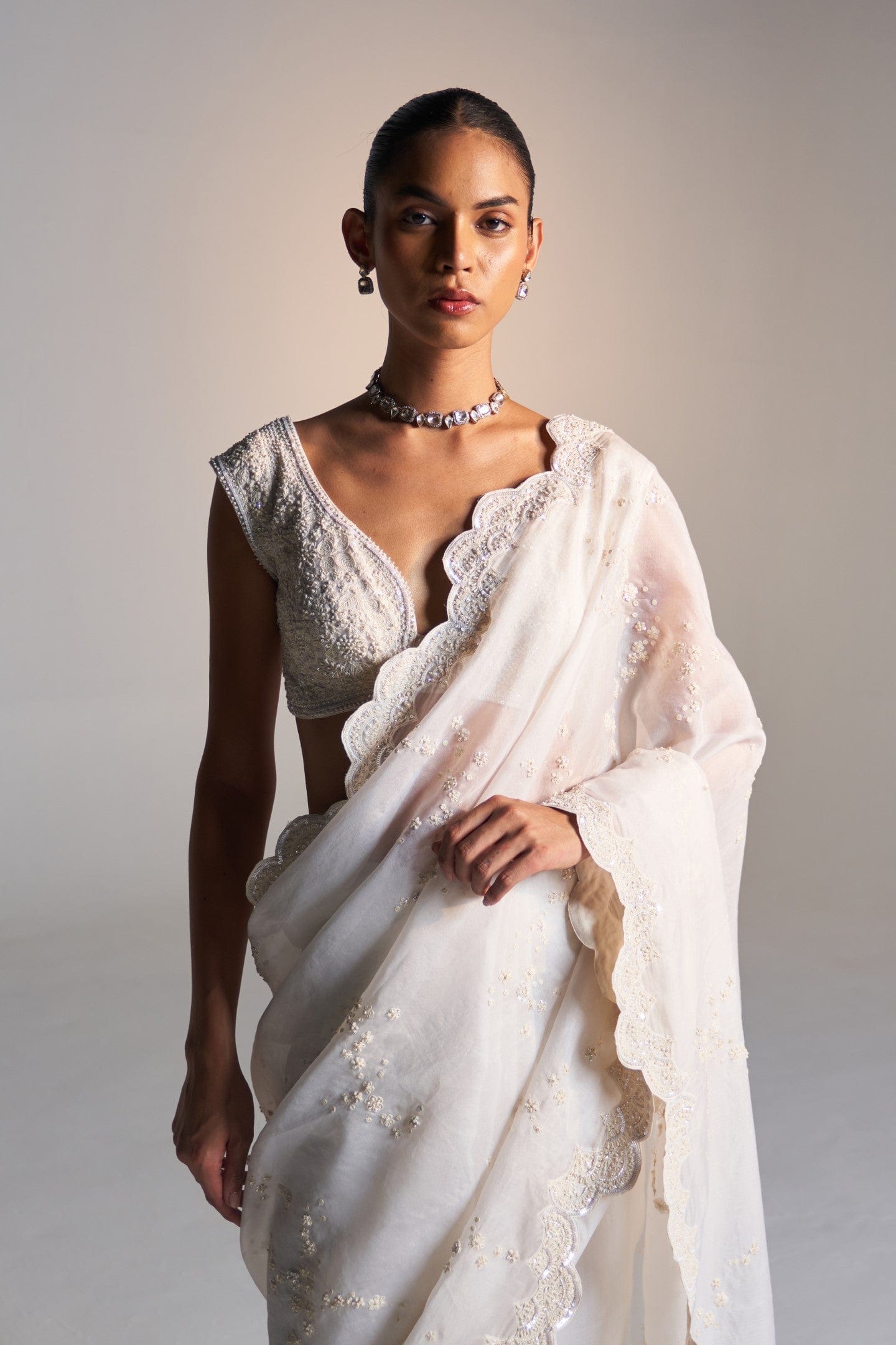 Pigeon white  handcrafted saree