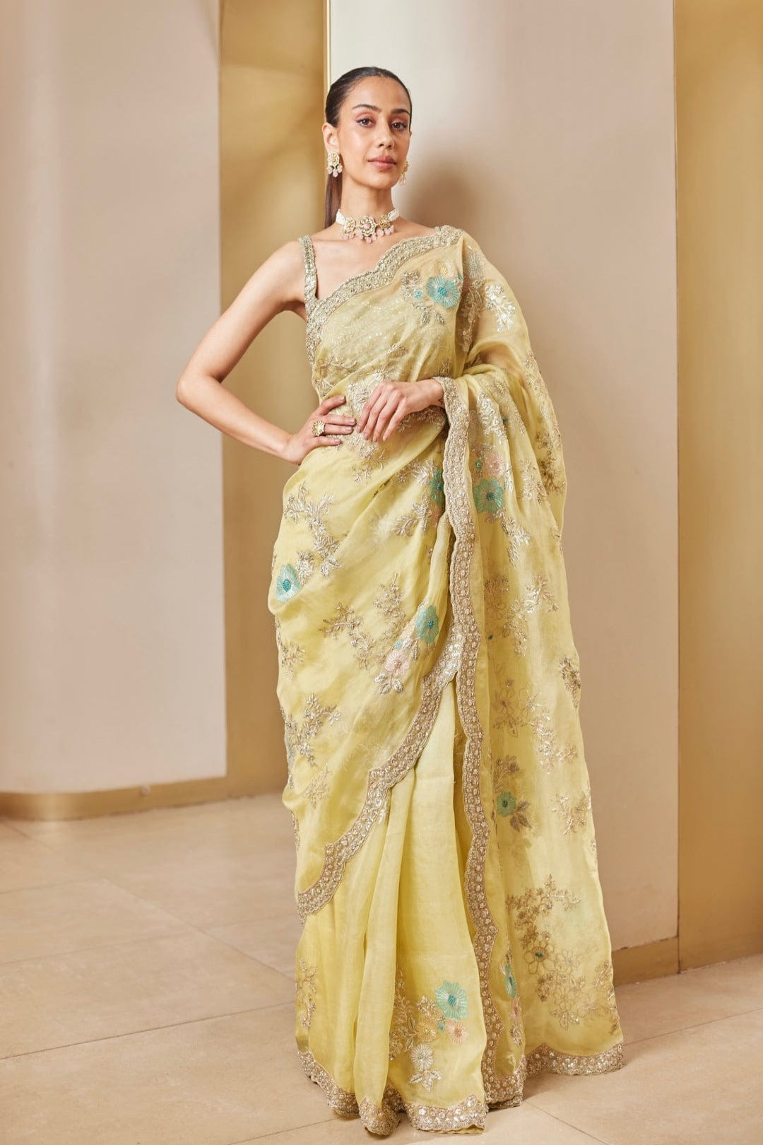 Taupe Lemon Embroidered Saree