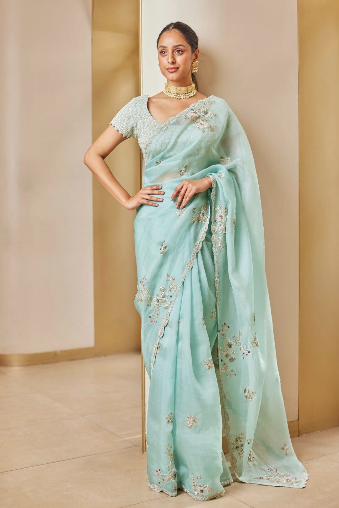 Teal Embroidered Saree