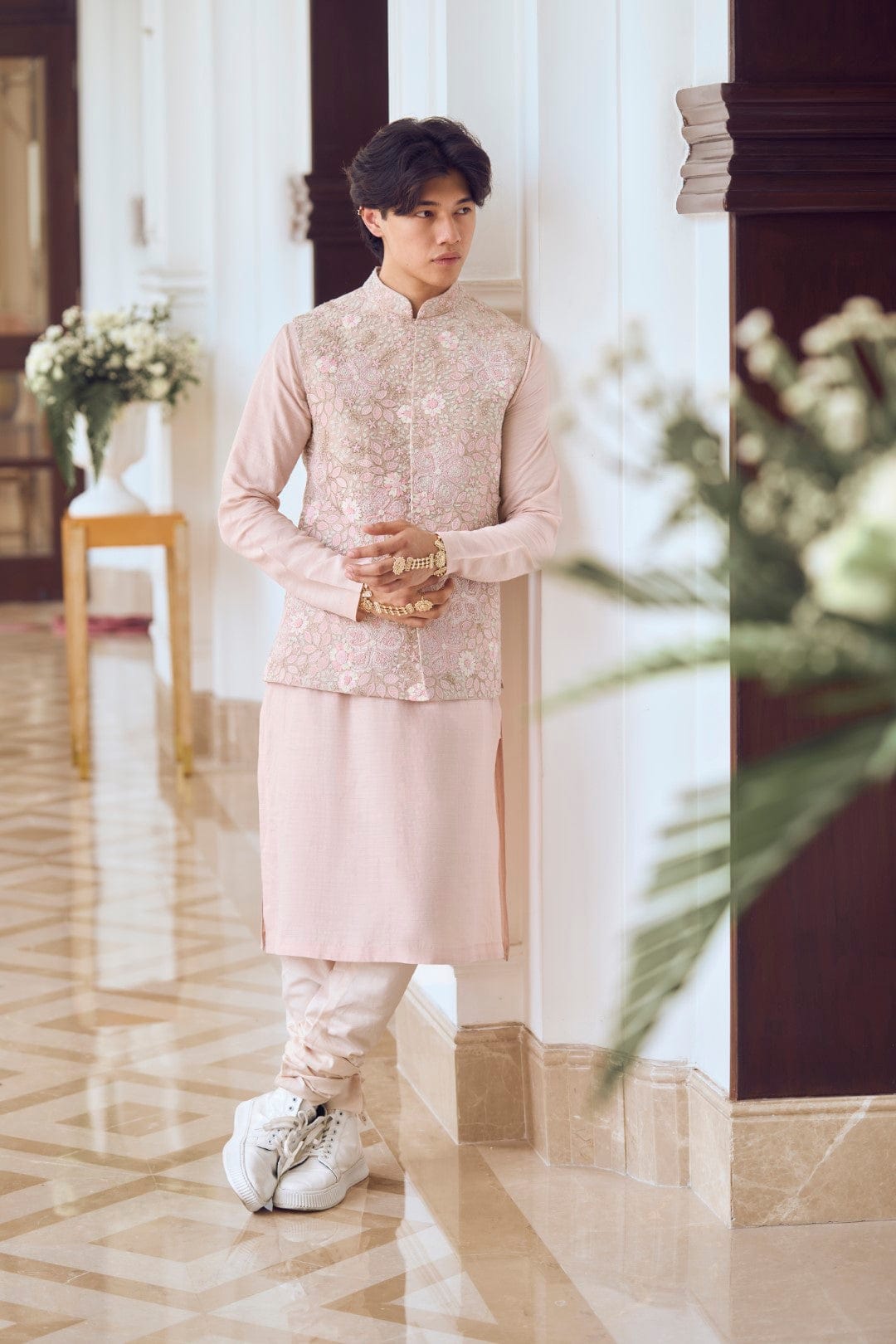 Powder Pink Embroidered Nehru Jacket Set
