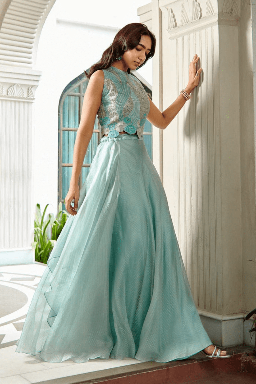 Teal Appliqued Top and Skirt