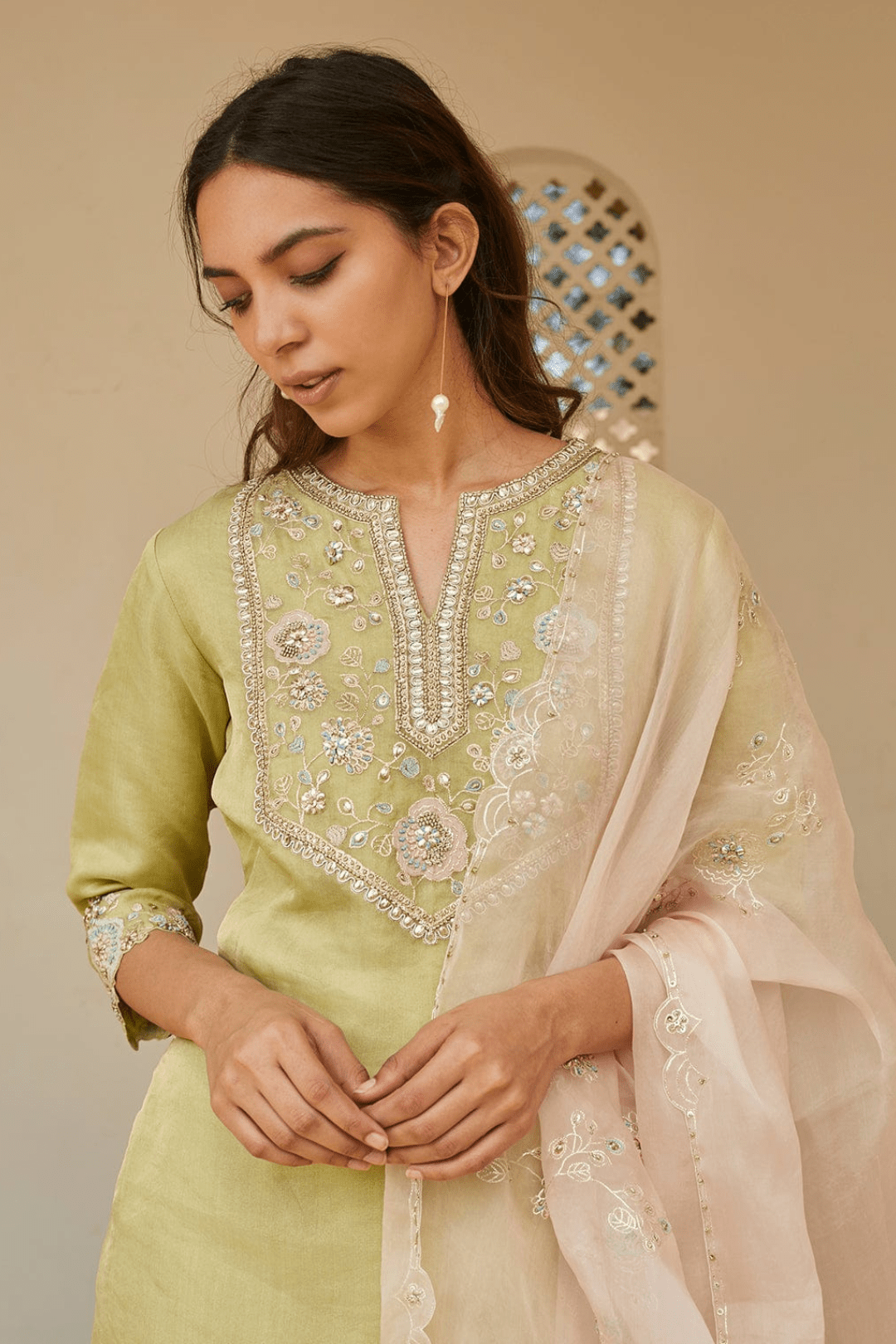 Mist Green Embroidered Kurta and Sharara Set