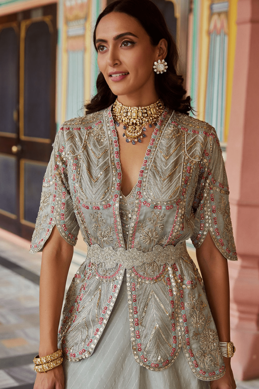 Dove Grey Embroidered jacket set