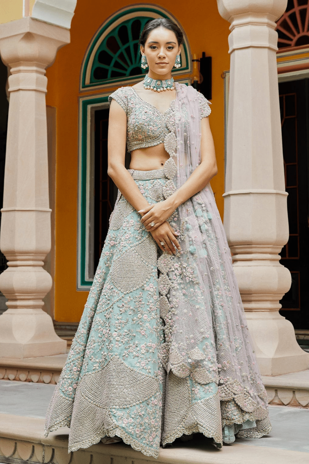 Teal and Blush Embroidered Lehenga with Dupatta