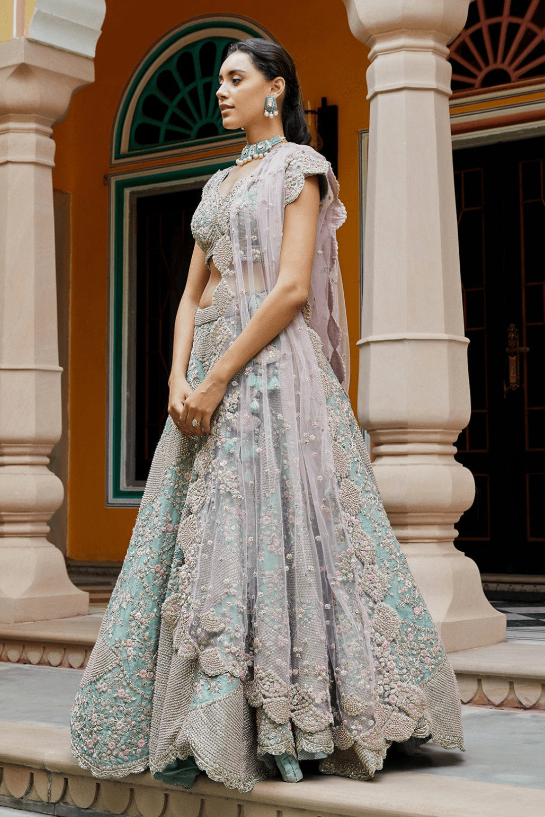 Teal and Blush Embroidered Lehenga with Dupatta