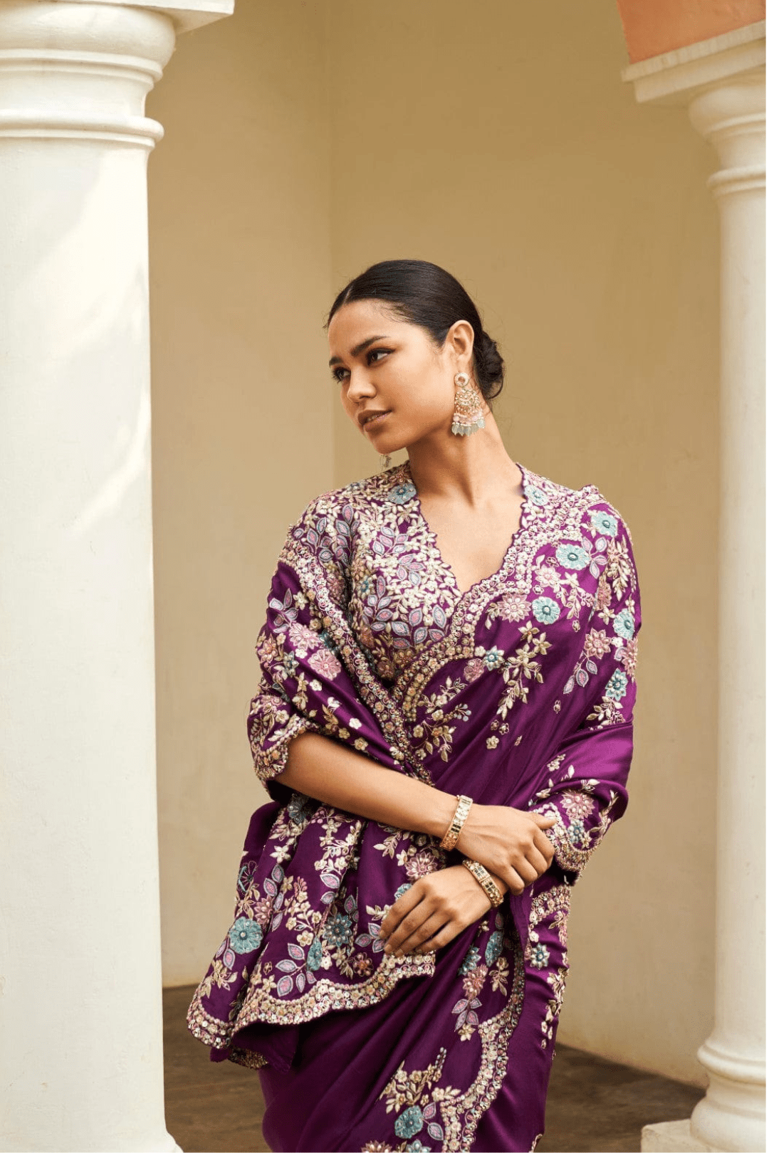 Floral Aubergine Embroidered Saree