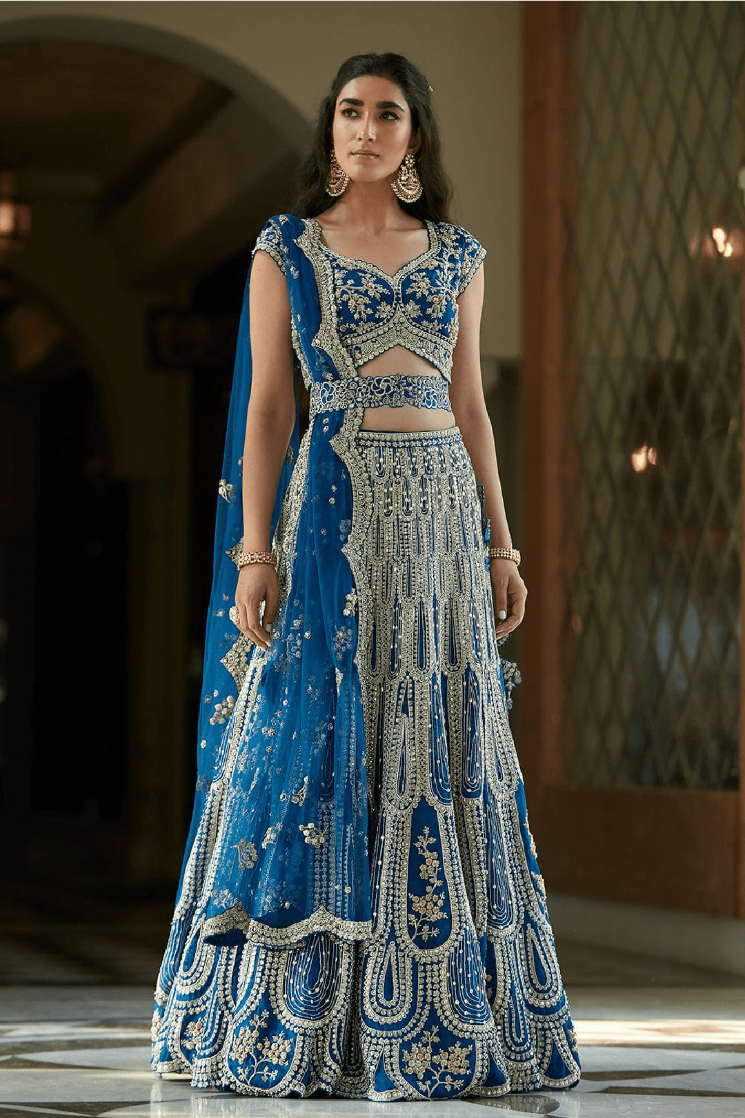 Leher Optical Embroidered Lehenga Set with Belt