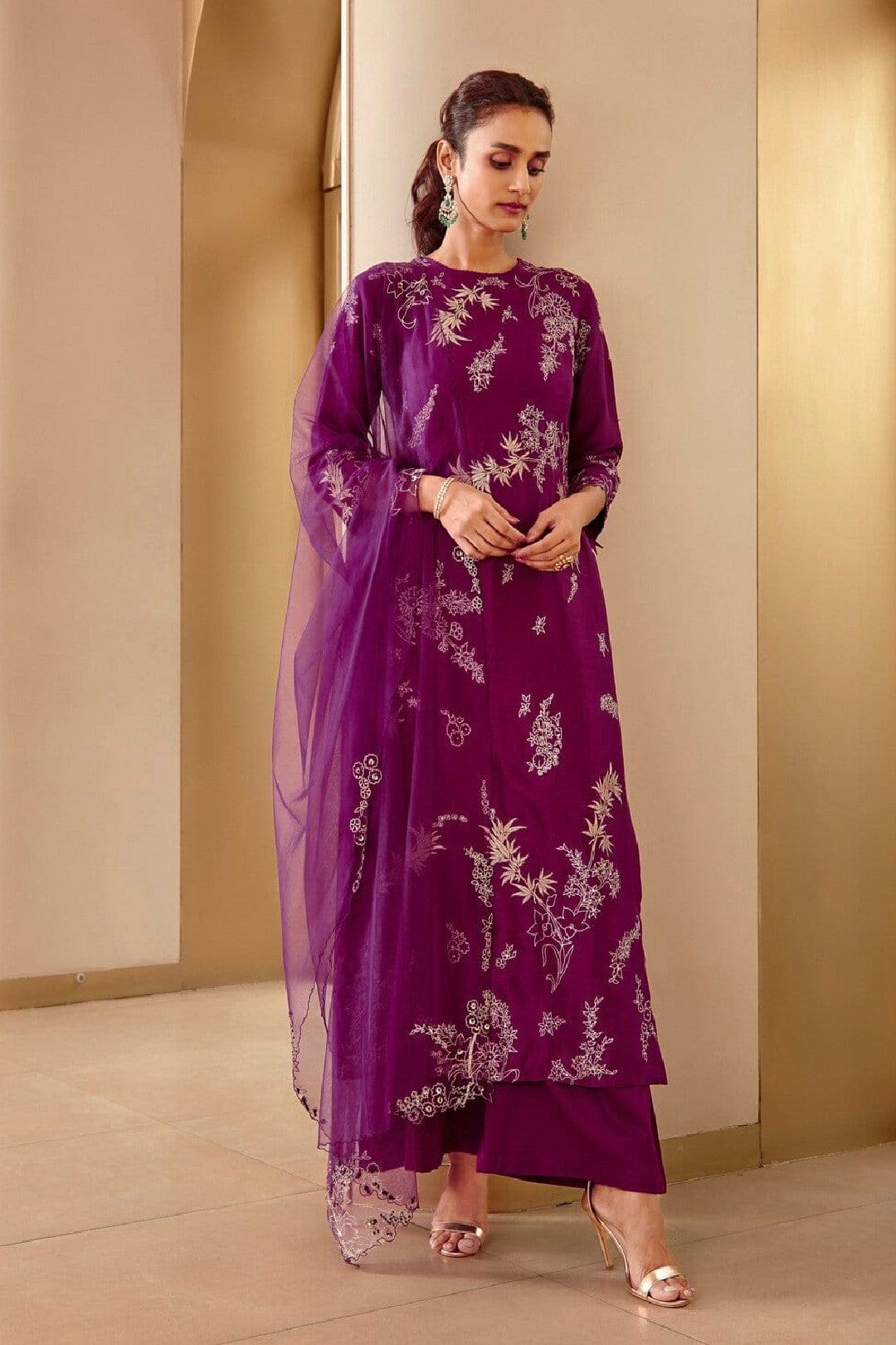 Hand-Embroidered Aubergine Straight Suit