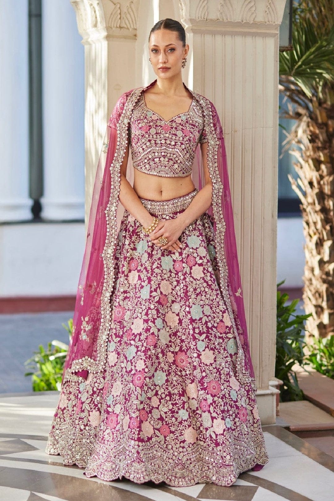 Plum Organza Embroidered Lehenga