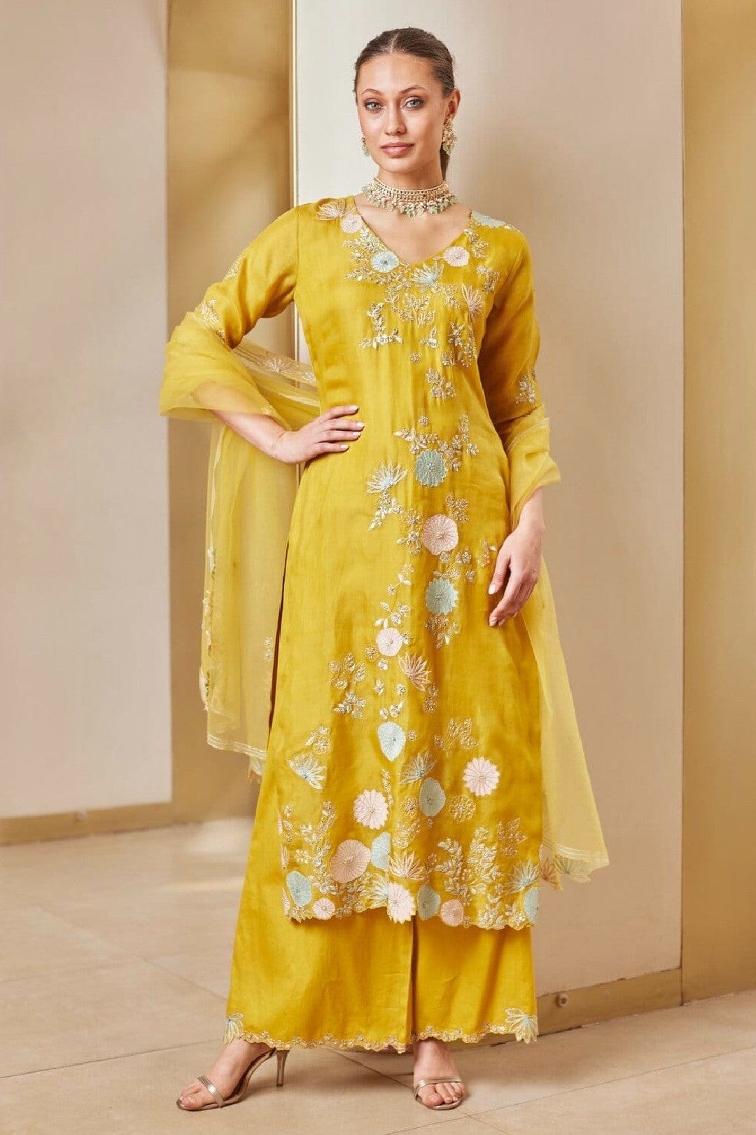 Honey Gold Embroidered Straight Kurta Set