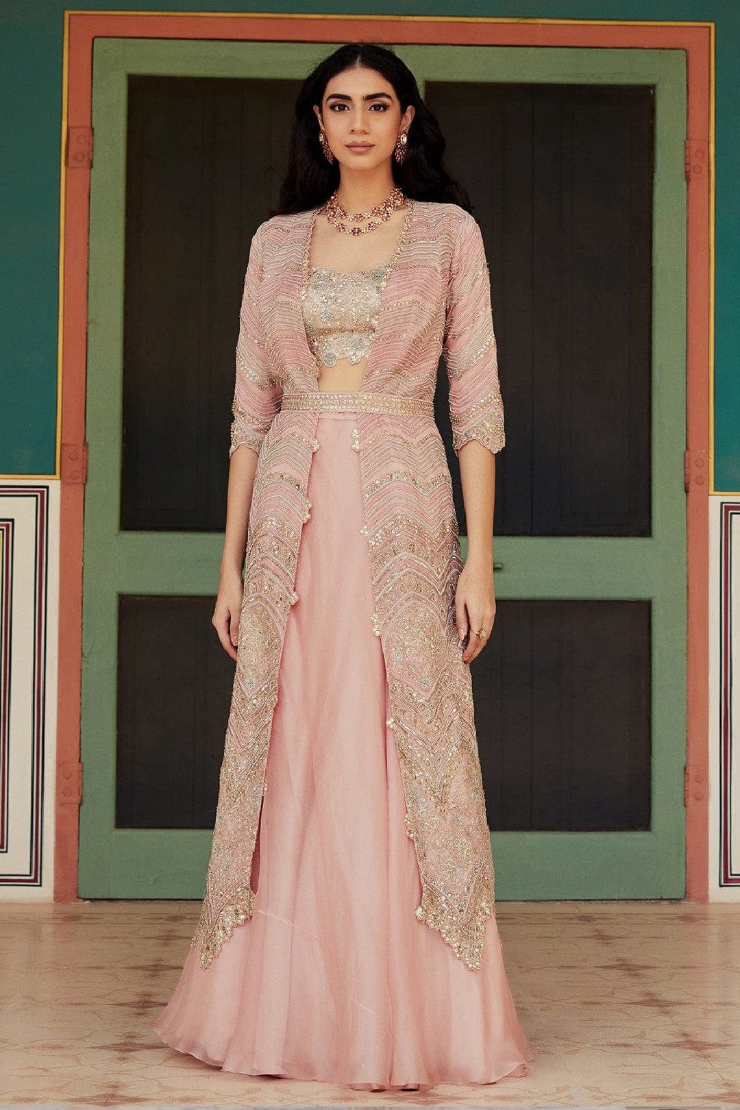 Rose Pink Embroidered Jacket Lehenga Set Osaa by Adarsh