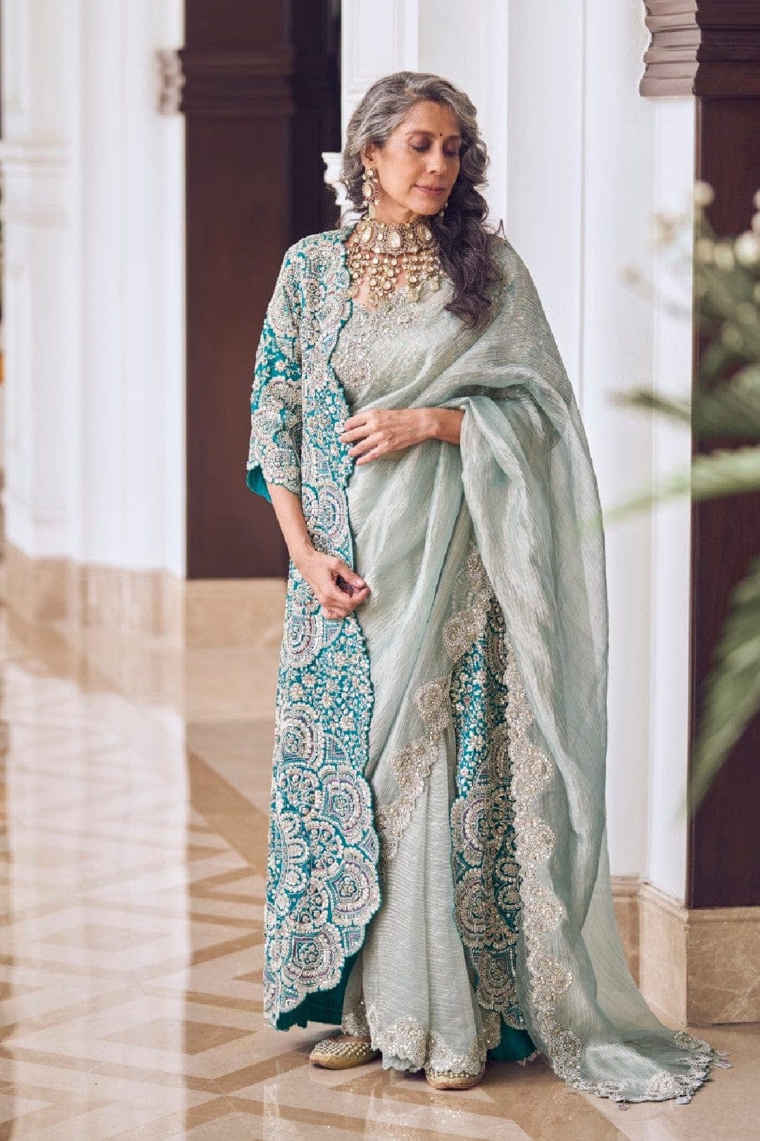 Pastel Grey Embroidered Saree and Jacket Set