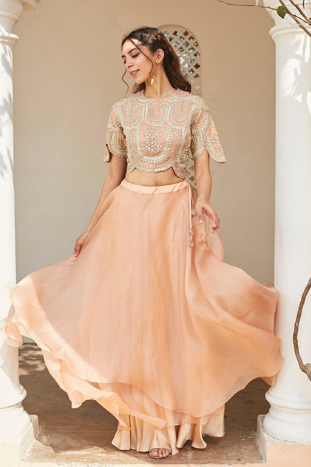 Bahaar Optical Embroidered Crop Top and Skirt