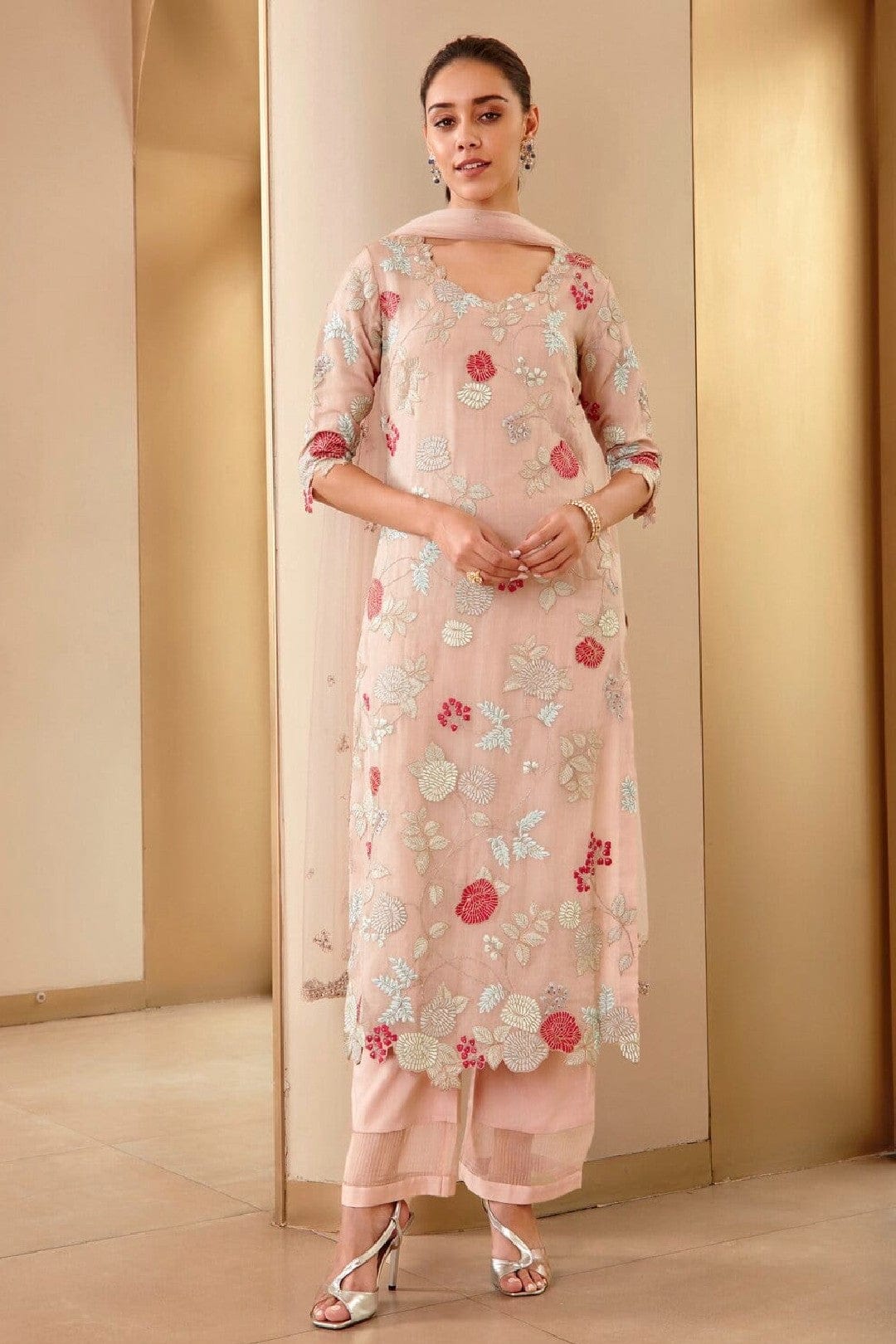 Hand-Embroidered Rose Pink Suit