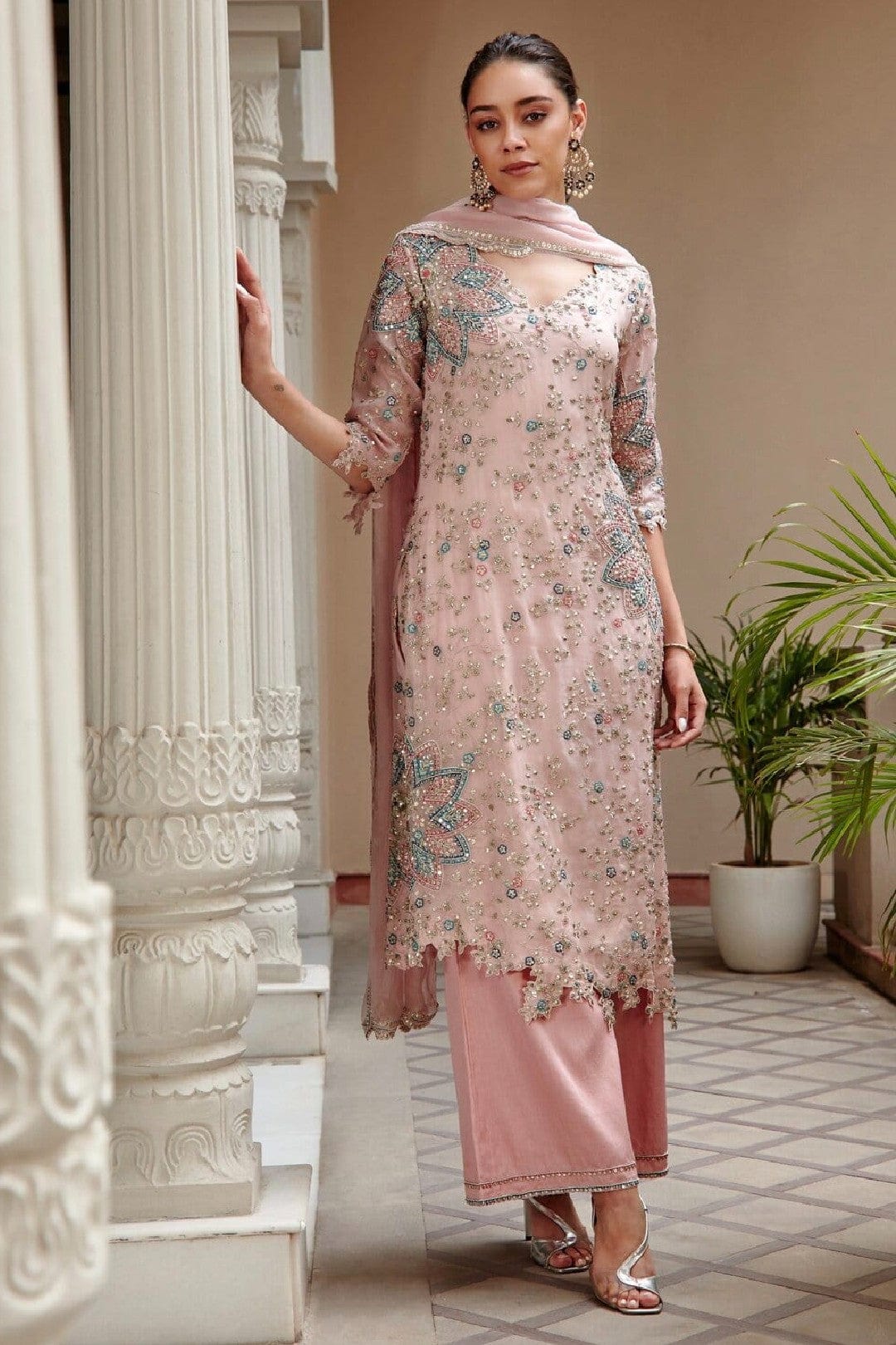 Hand-Embroidered Soft Berry Cutwork Suit