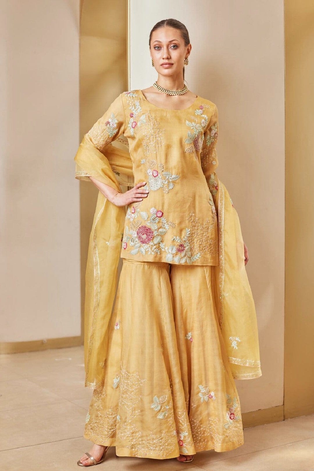 Mandarin Embroidered Sharara Suit