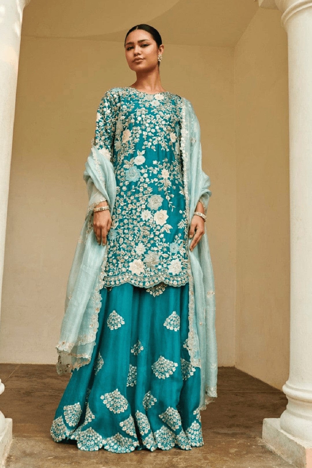 Pine Embroidered Sharara Set