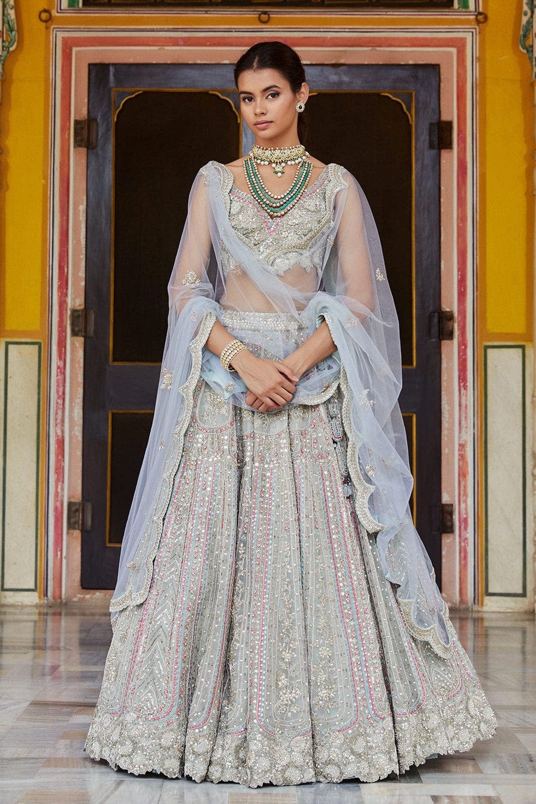 Dove Grey Embroidered Lehenga with Tulle Dupatta