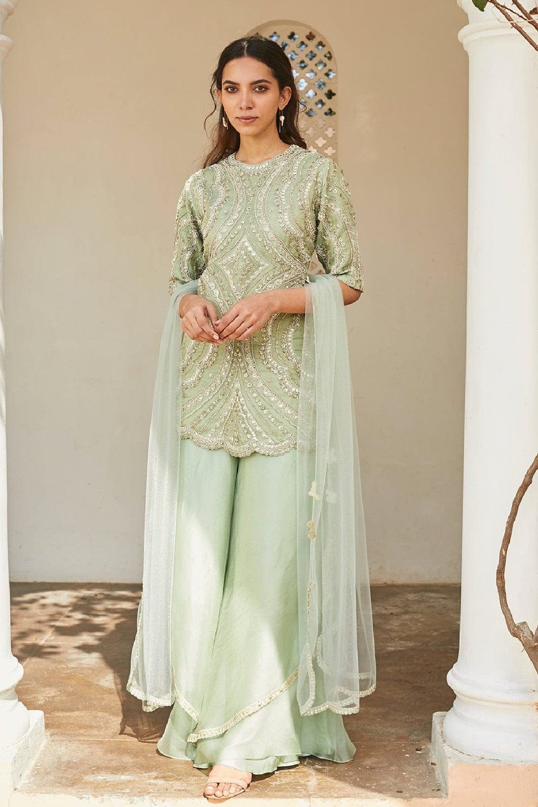 Frost Blue Optical Embroidered Sharara Set