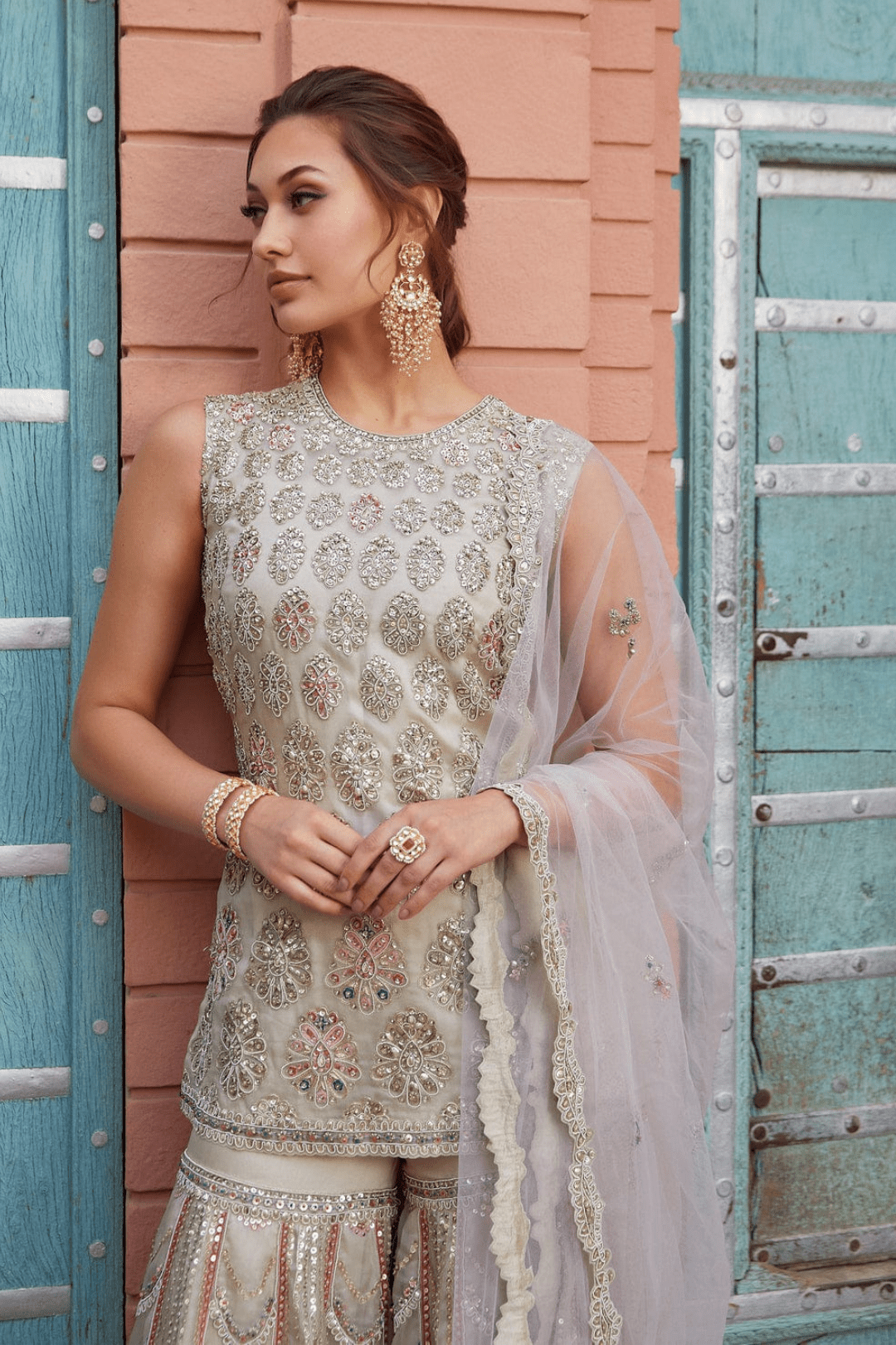 Pearl Organza Embroidered Suit
