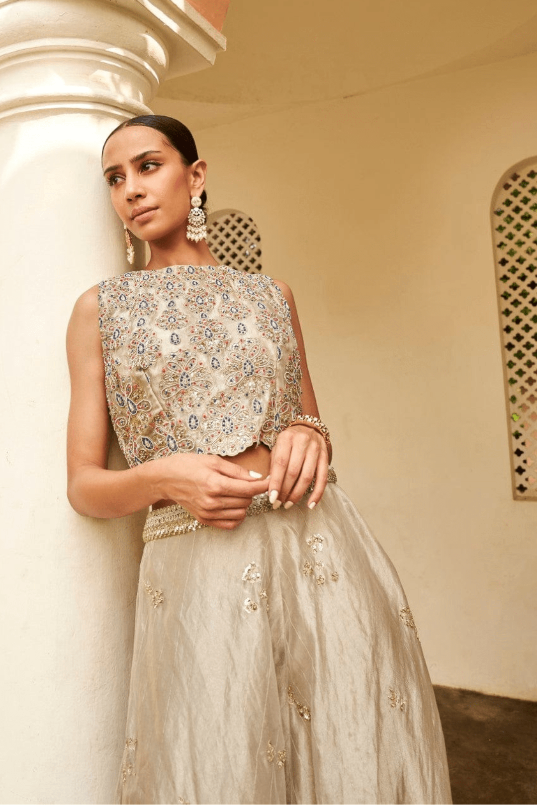 Silver Embroidered Top And Skirt