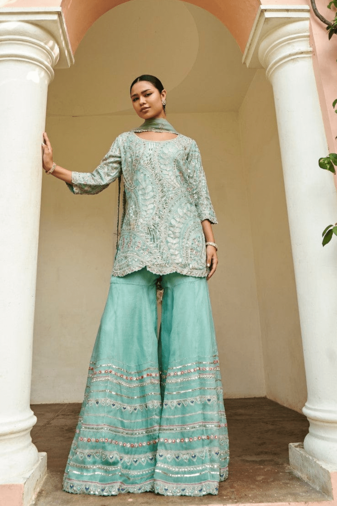 Cadet Blue Embroidered Sharara Set