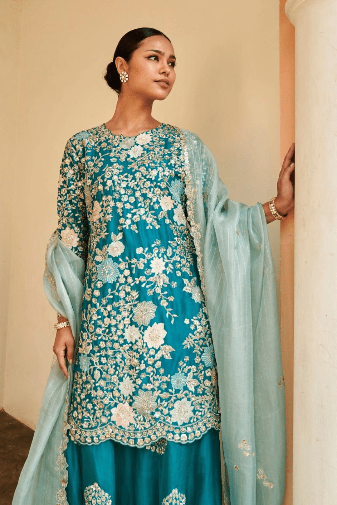 Pine Embroidered Sharara Set