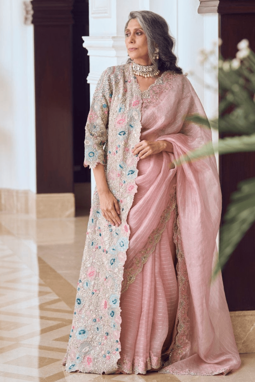 Soft Berry Embroidered Jacket And Saree Set