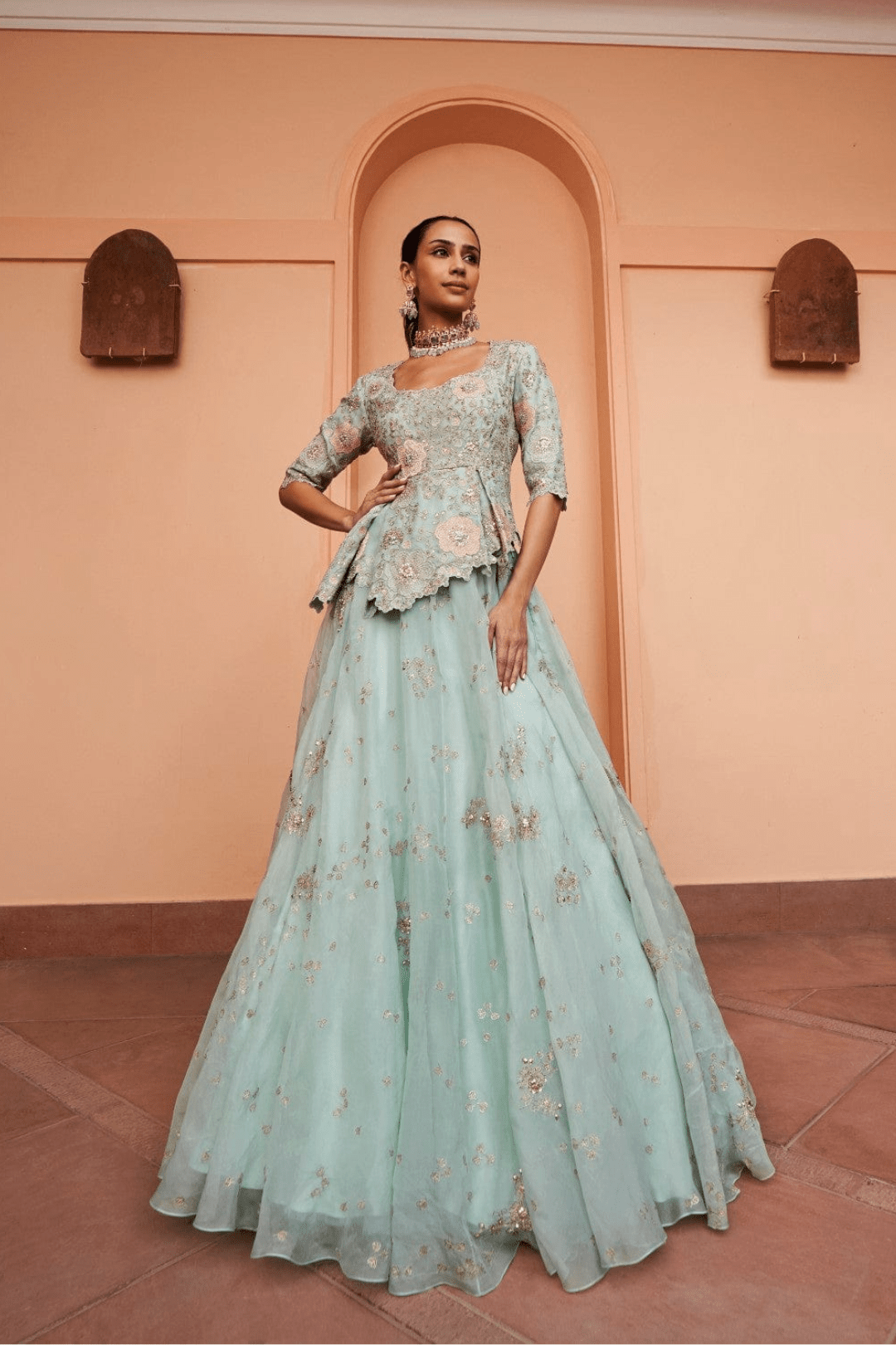 Powder Blue Embroidered Top and Skirt