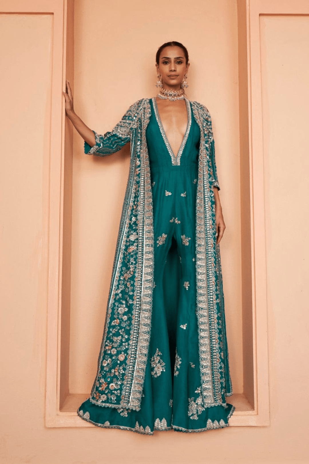 Pine Embroidered Jumpsuit and Jacket Set