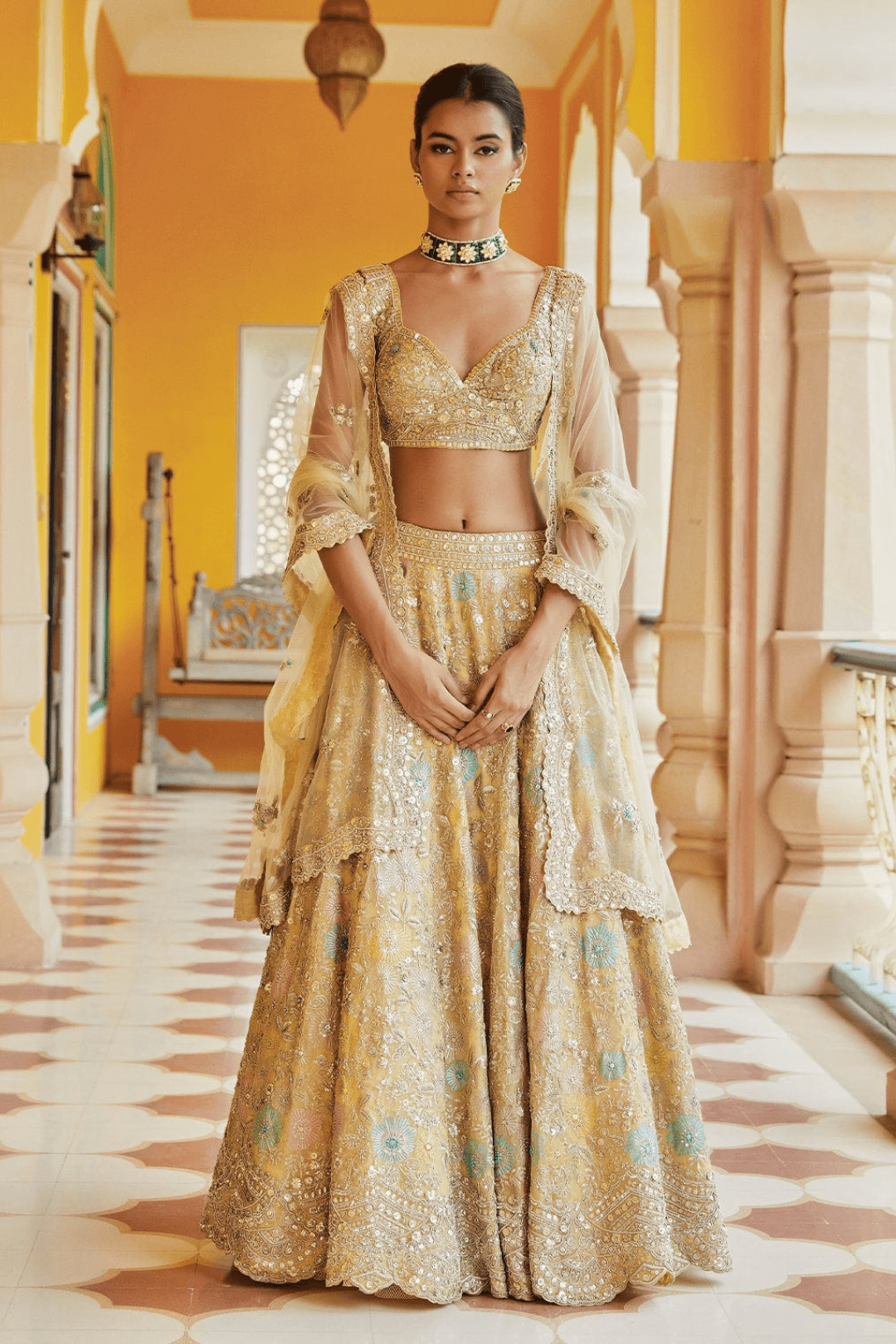 Taupe Lemon Embroidered Floral Lehenga with Dupatta