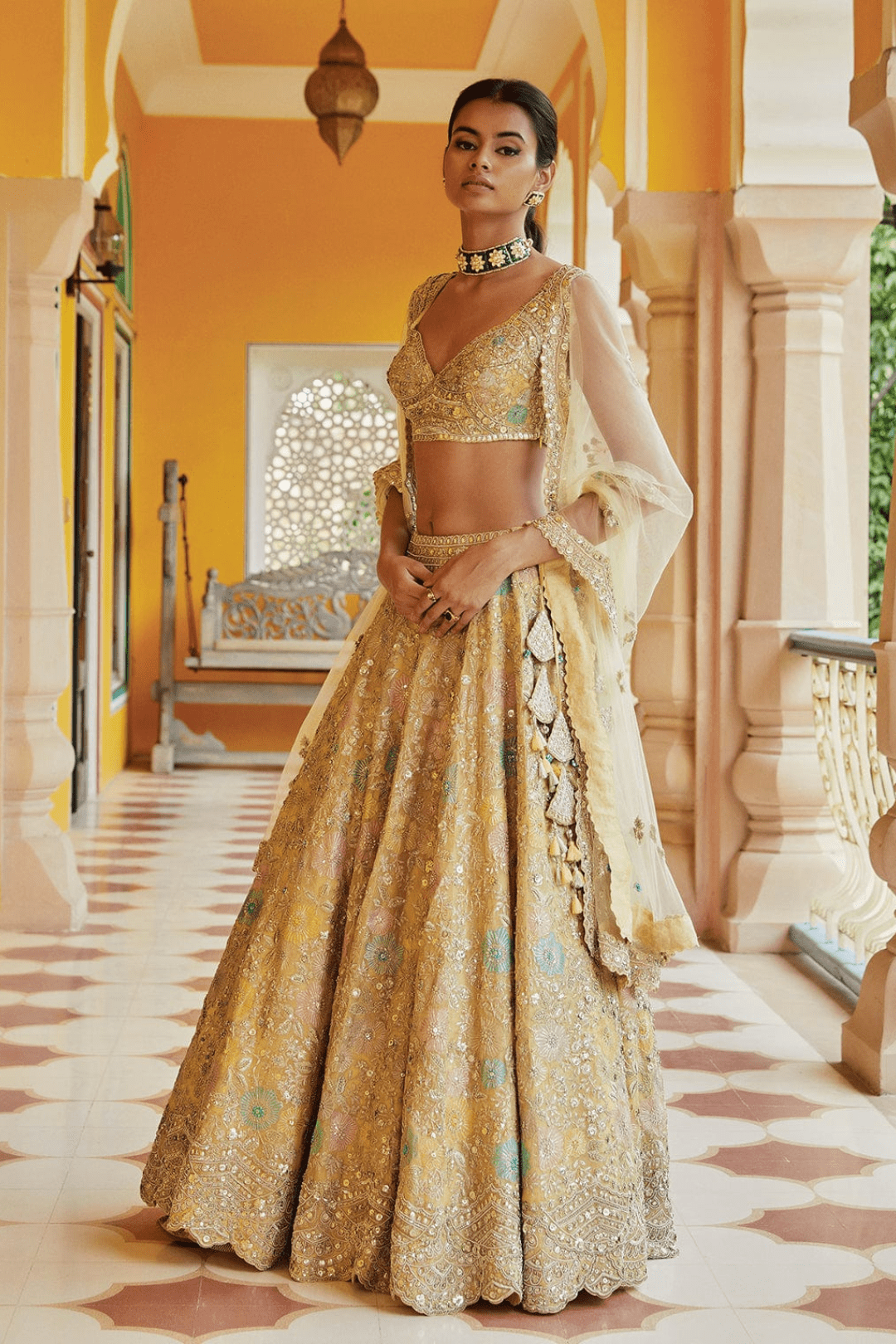 Taupe Lemon Embroidered Floral Lehenga with Dupatta