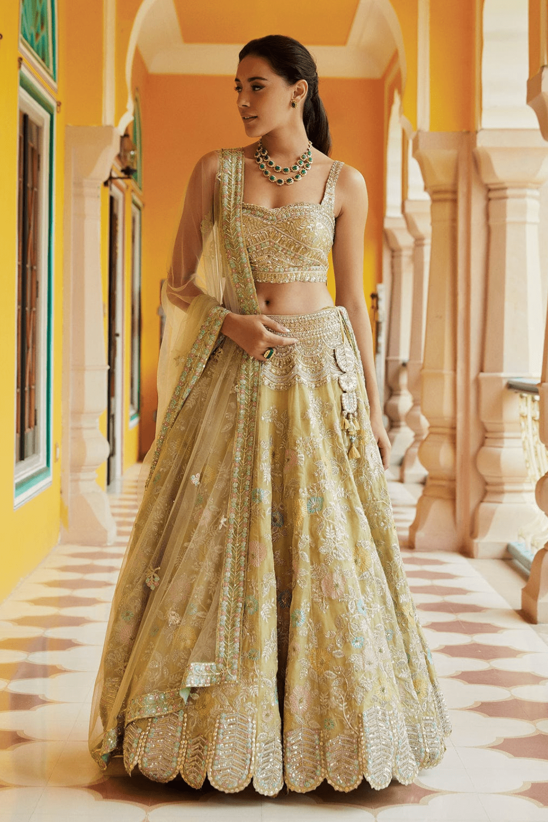 Taupe Lemon Embroidered Lehenga Set with Dupatta