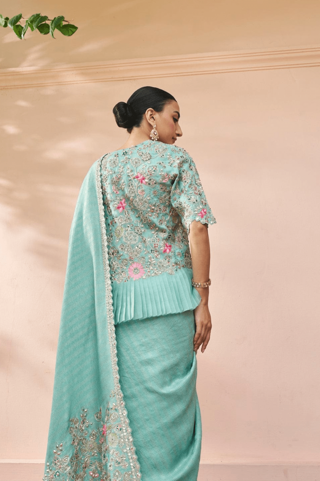 Teal Embroidered Jacket And Saree Set