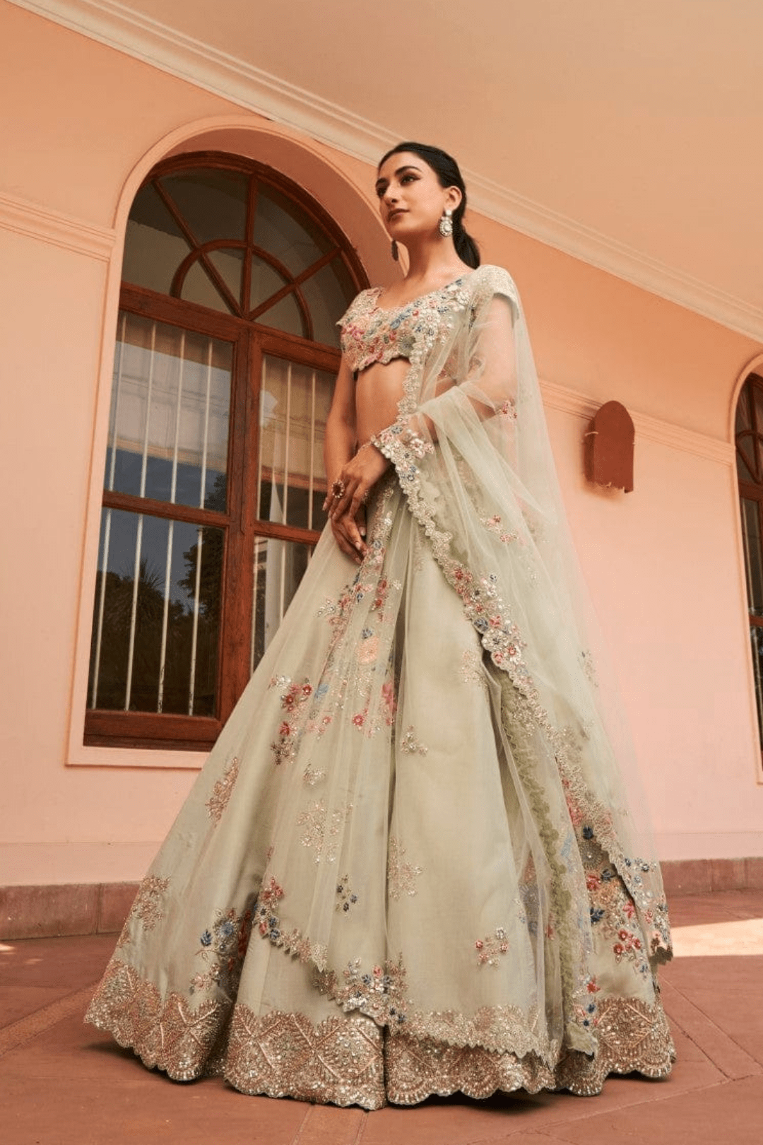 Dusty Olive Embroidered Placement Lehenga